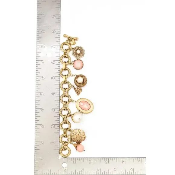 Carolee Vintage Charm Locket Bracelet Antiqued Gold Pink Floral Signed 80s BinBR - Picture 12 of 12